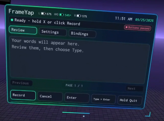 FrameYap’s review panel on Steam Frame, with recording controls, controller and headset battery levels, and Settings and Bindings tabs.