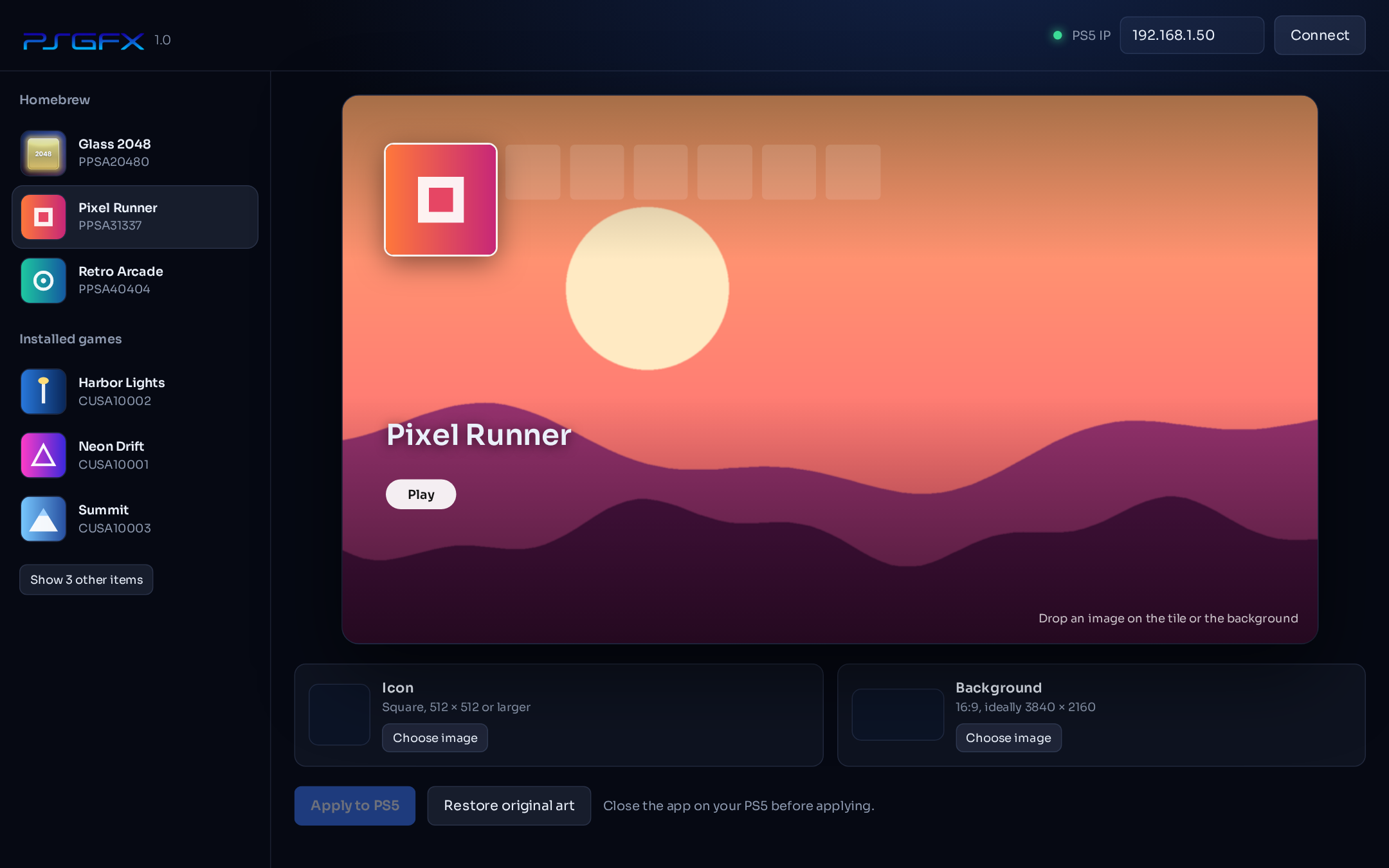 Homebrew app with its current background