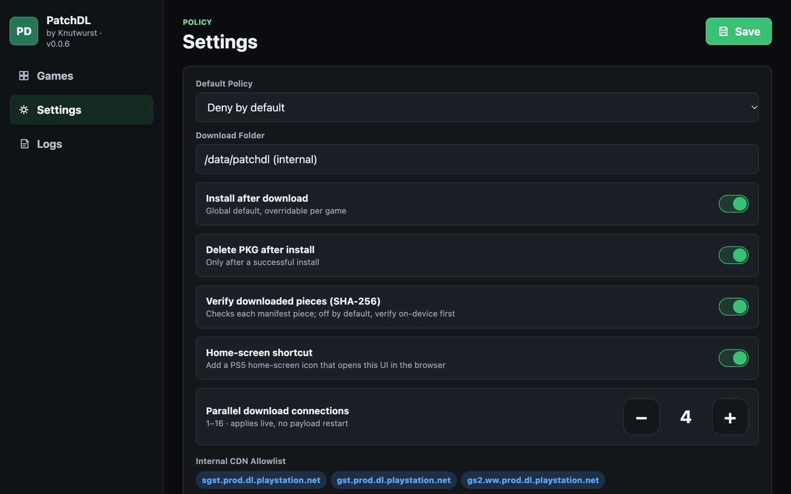 Settings view