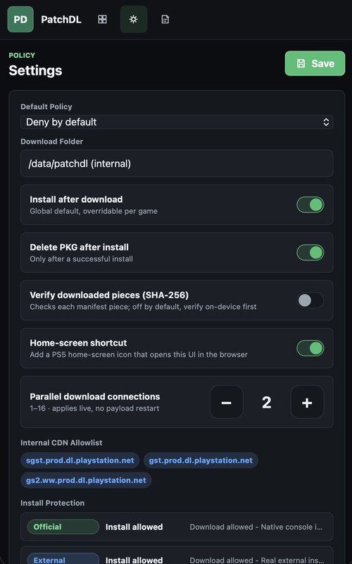 PatchDL Settings view on phone