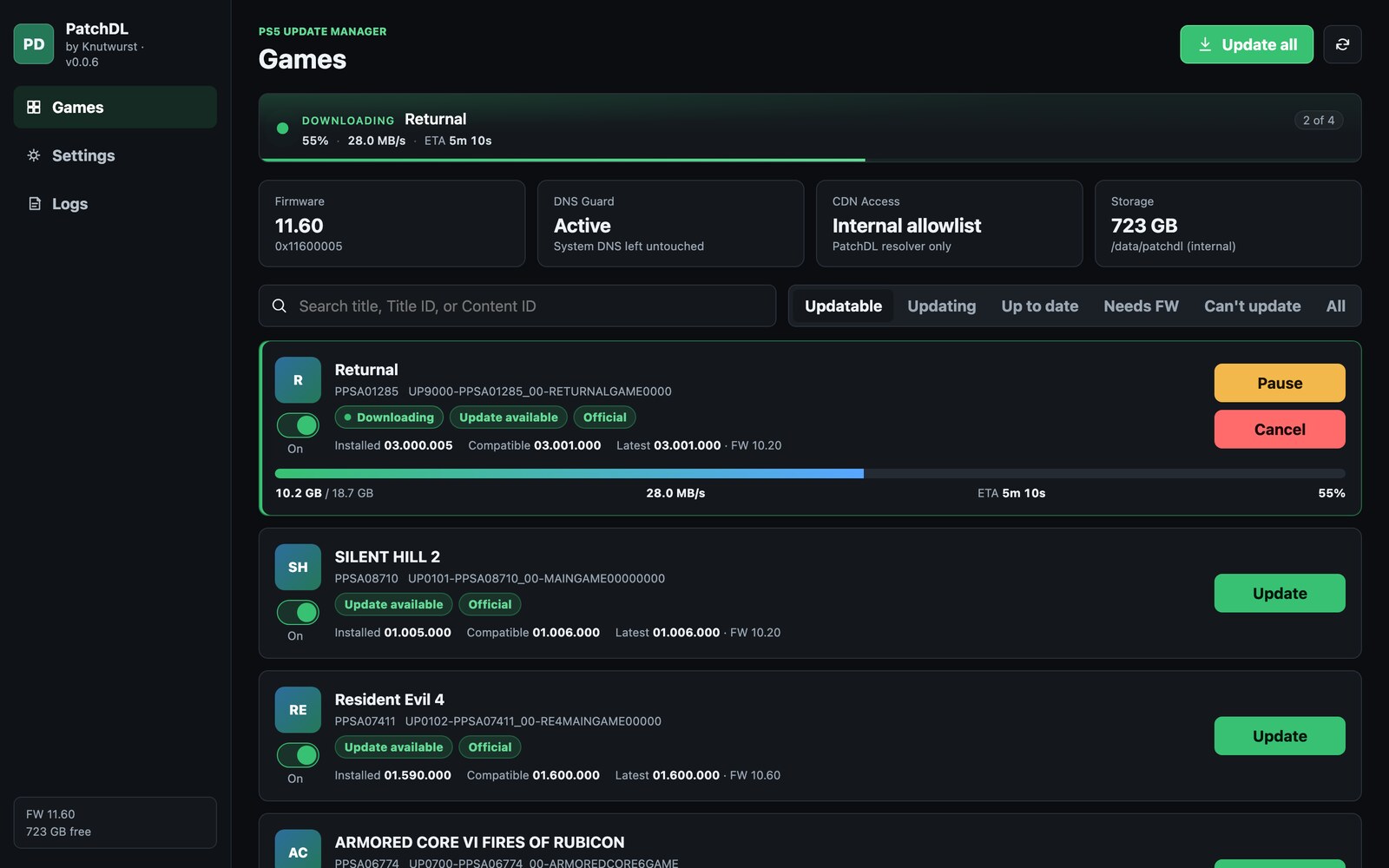 Games view with a running download