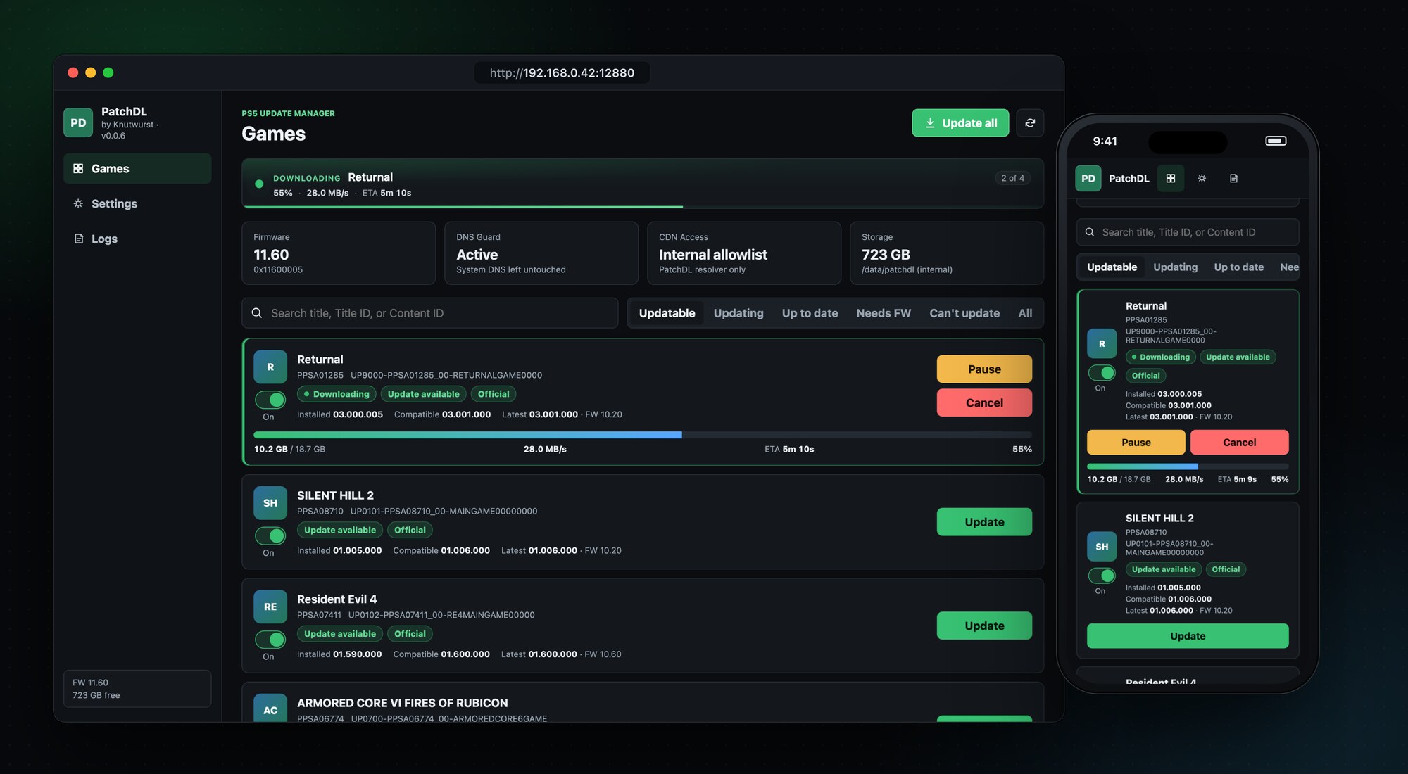 PatchDL in a desktop browser and on a phone, downloading a game update