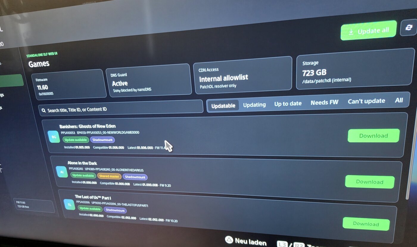 The PatchDL UI in the on-console browser