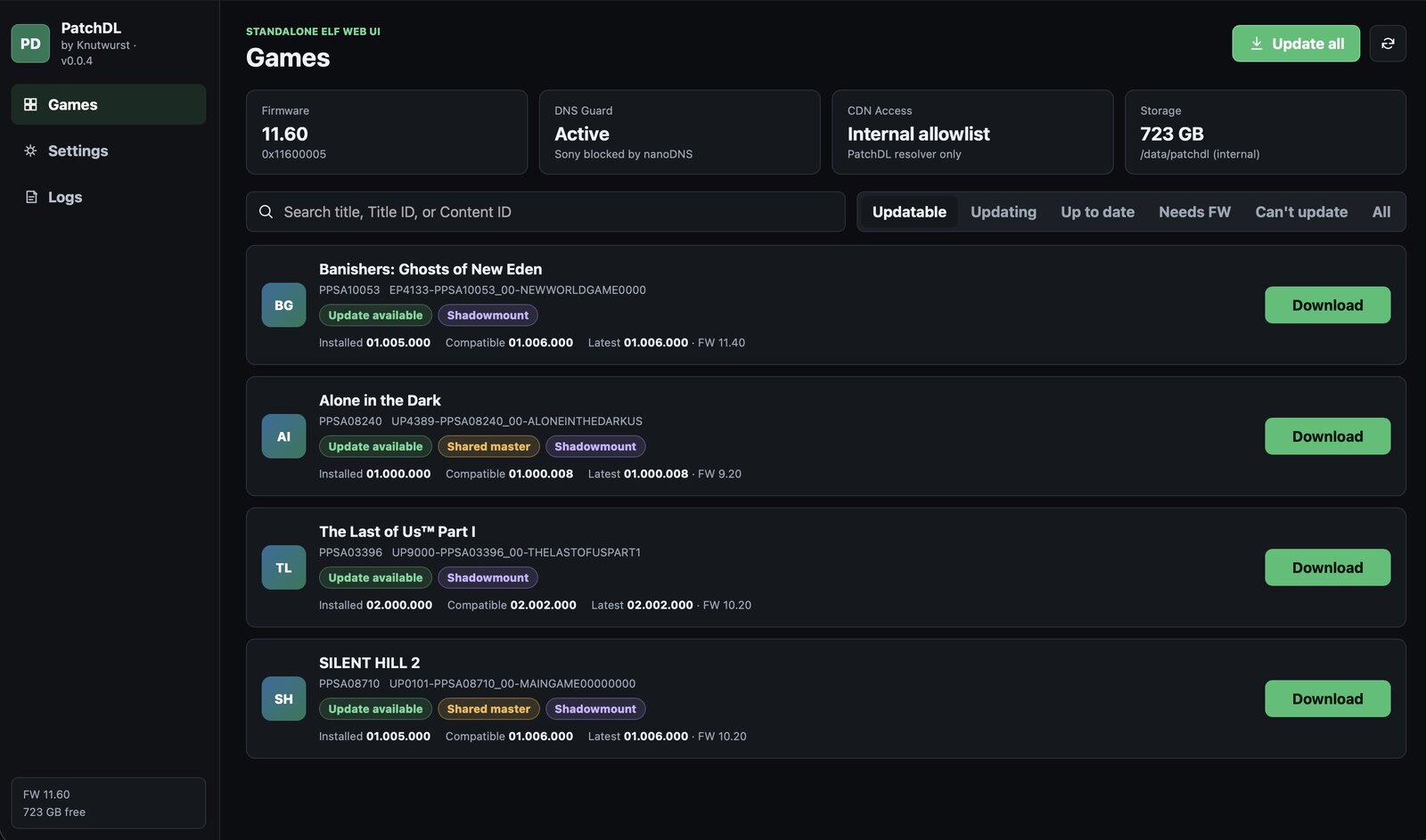 PatchDL Games view in a desktop browser
