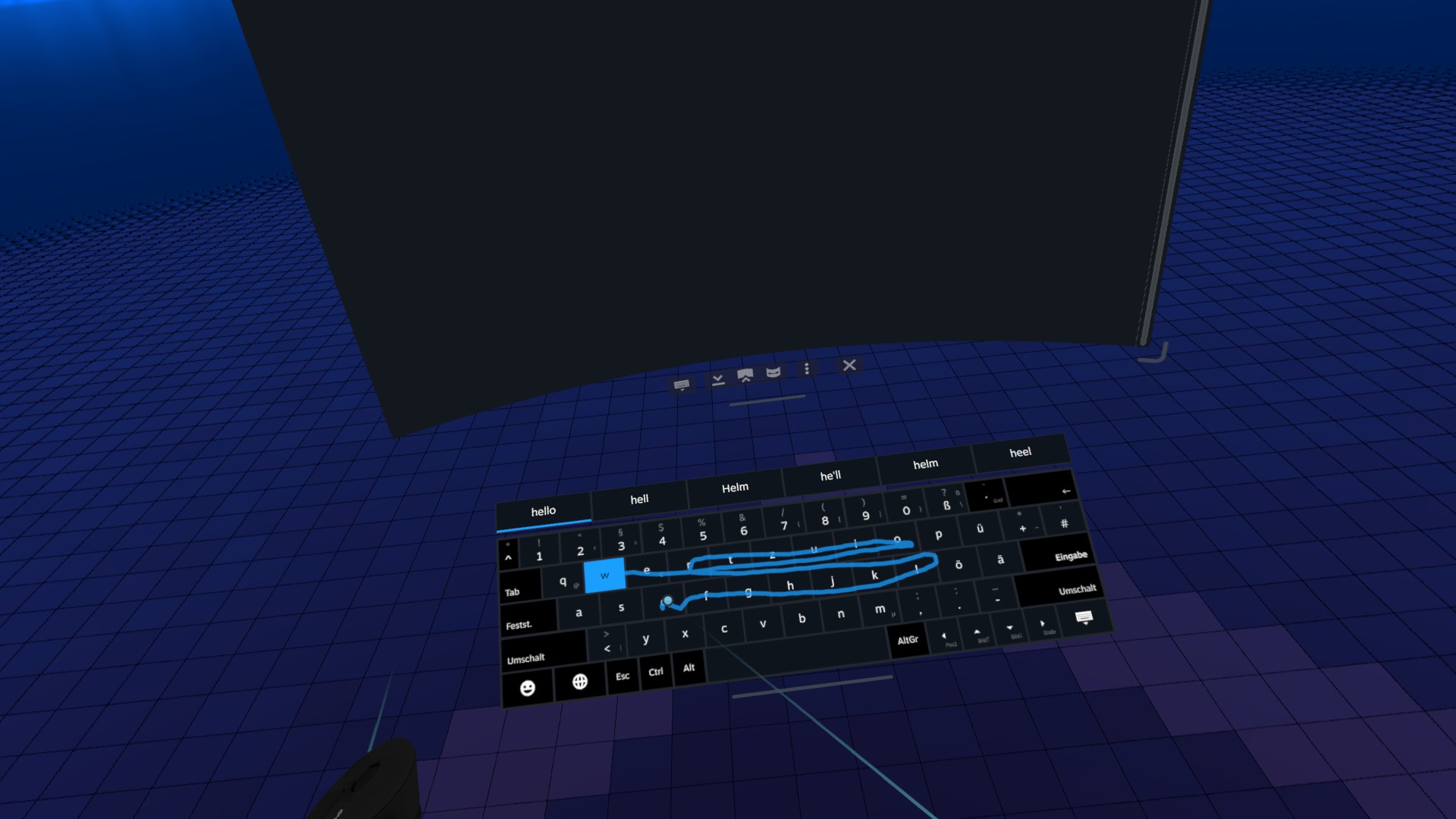 Swiping "hello" on Steam's VR keyboard: the swipe trail and the suggestion strip (hello, hell, Helm, he'll, helm, heel)