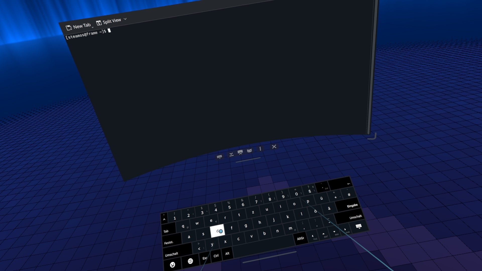Steam's VR keyboard with the extra keys (Esc, Ctrl, Alt, AltGr, arrows, Pos1/End, PgUp/PgDn) typing into Konsole