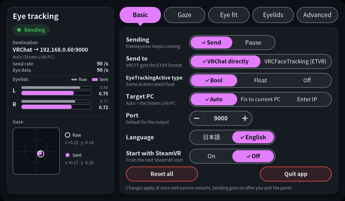 The Eye panel on the SteamVR dashboard