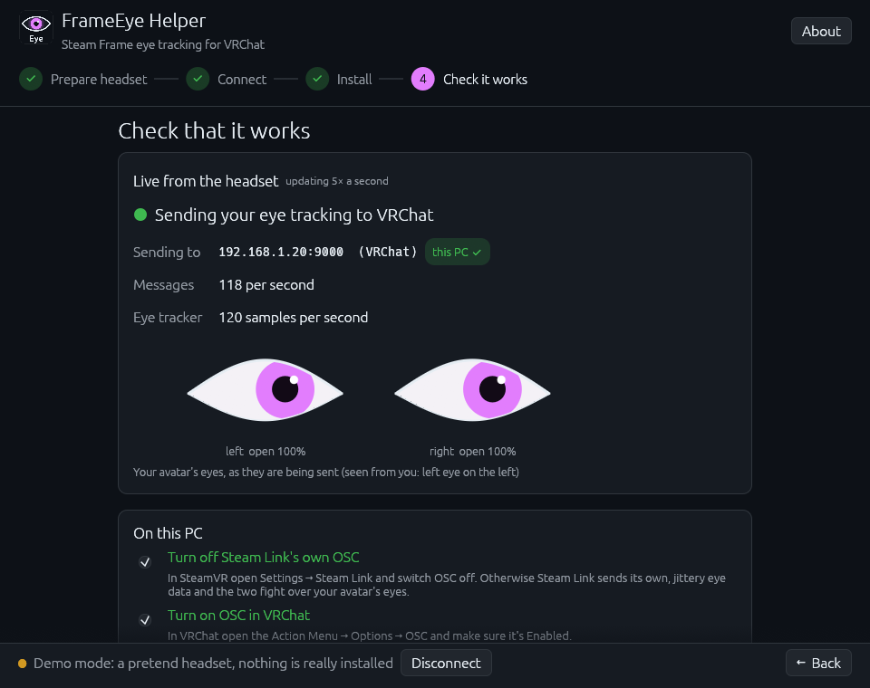 The status page, with the eyes that are being sent to VRChat