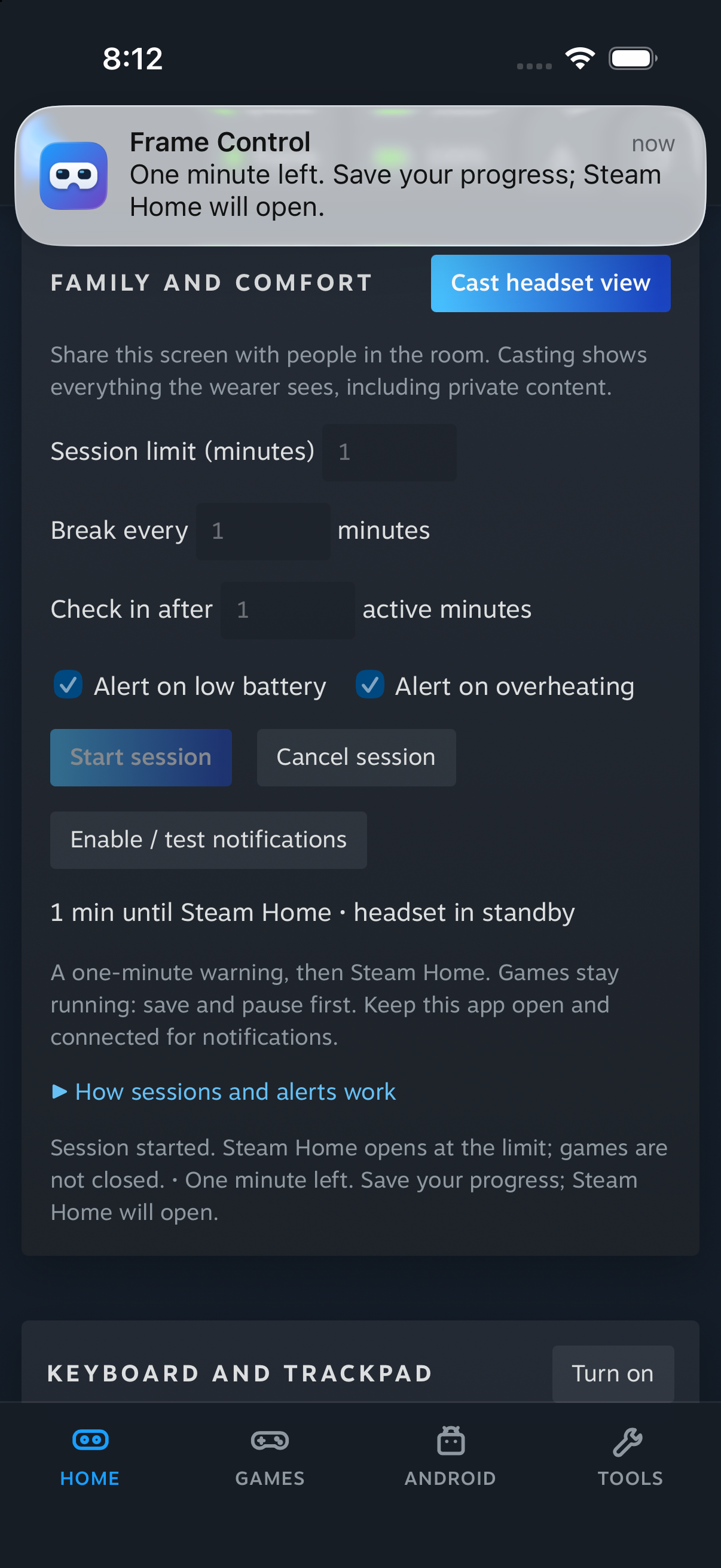 Real session warning delivered to the iOS Simulator