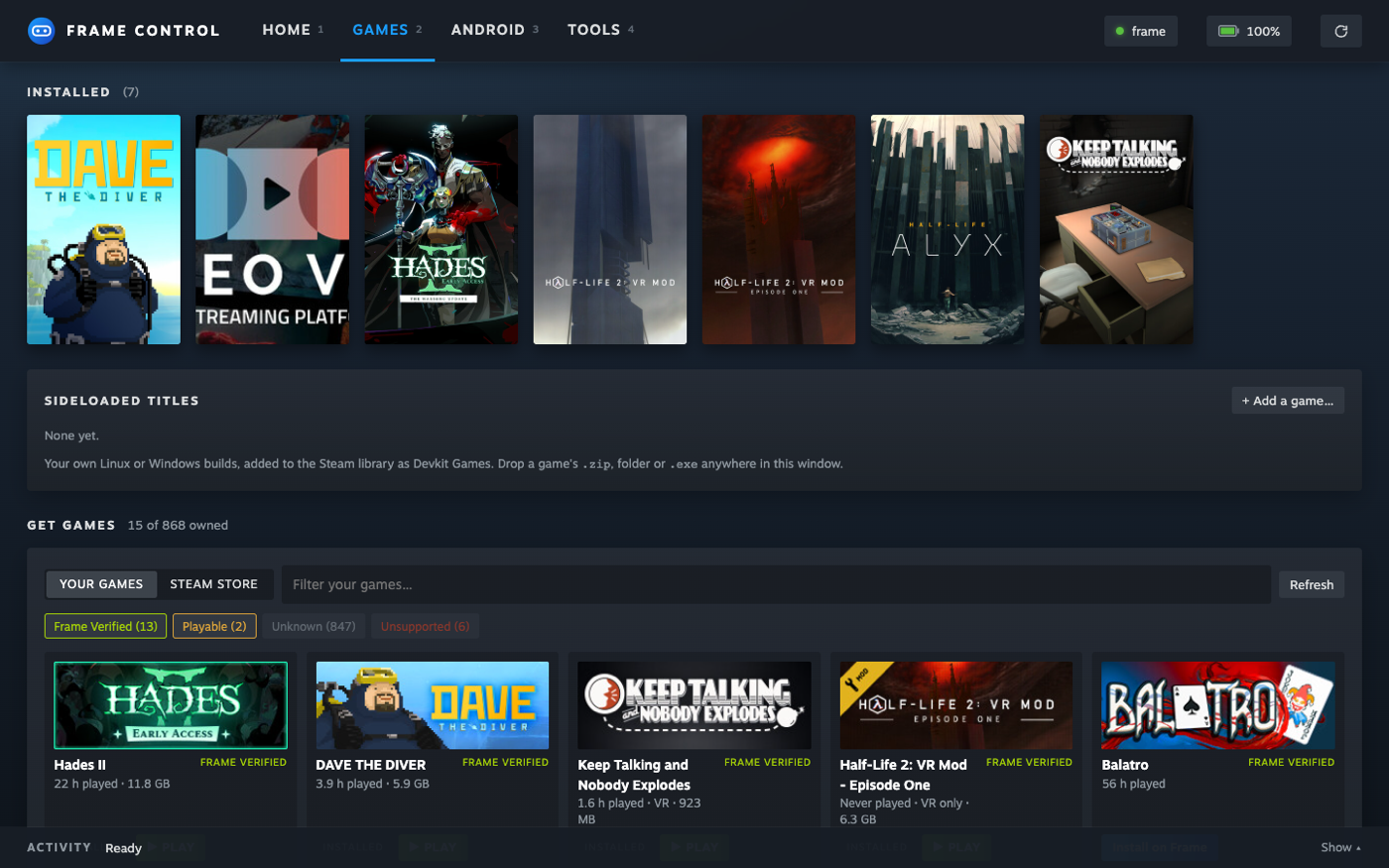 Frame Control's Games tab: installed games, sideloaded titles, and your Steam library with Frame ratings