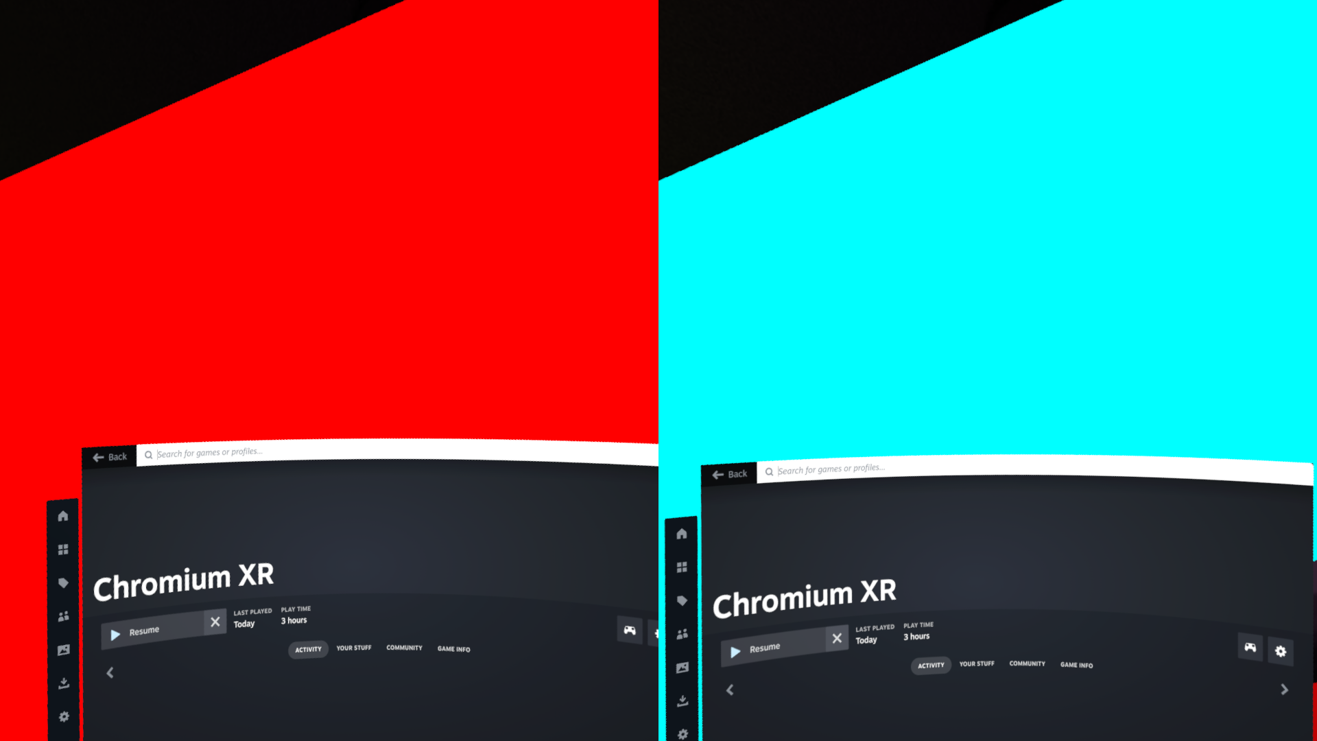 Frame Control SBS eye-isolation proof: red left, cyan right