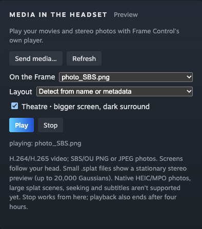 Media panel in Frame Control while a photo plays on the Frame