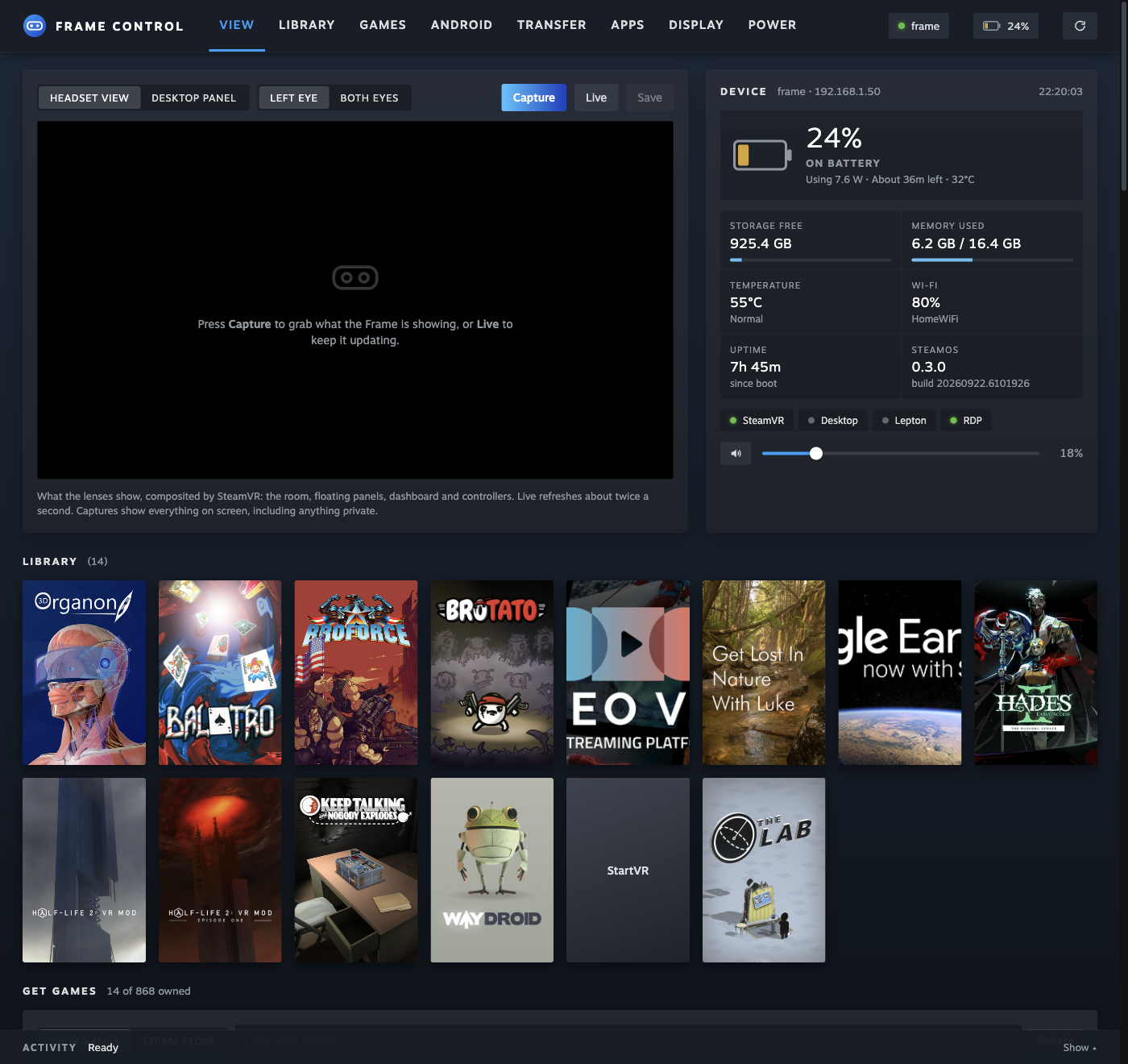 Frame Control showing the headset view, battery and status, and the Steam library