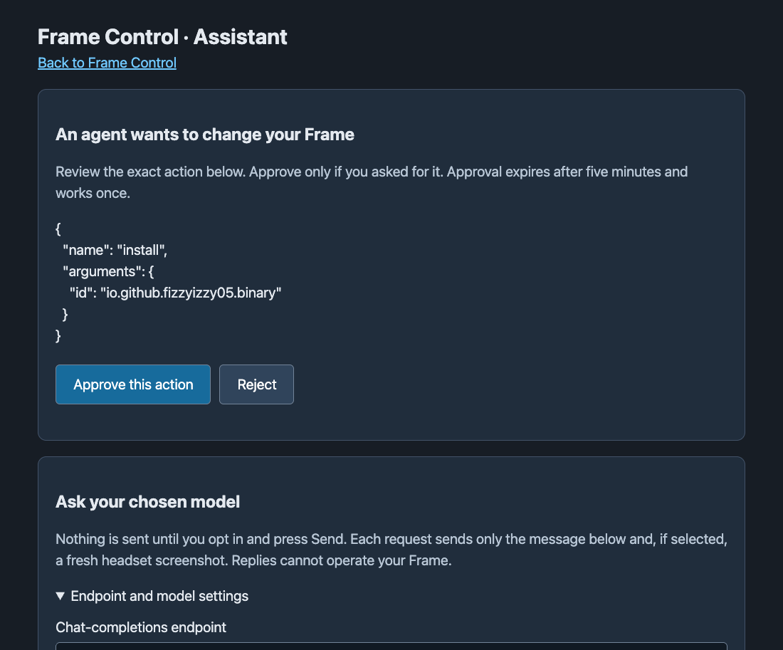 Approval page showing the exact install action